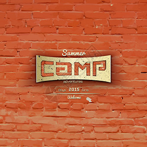 任何用途的夏令营徽章标识和标签在砖墙背景上图片