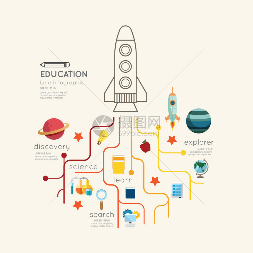 平线插图教育火箭大纲概念Vect图片