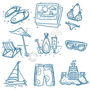 手绘涂鸦素描旅行图标在海滩上的暑假图片