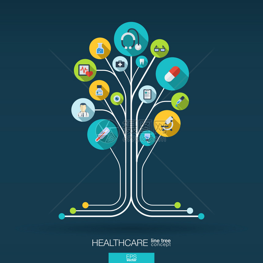 带有线条连接圆圈集成平面图标的抽象医学背景具有医疗健康保健温度计和十字图标的生长树概念矢图片