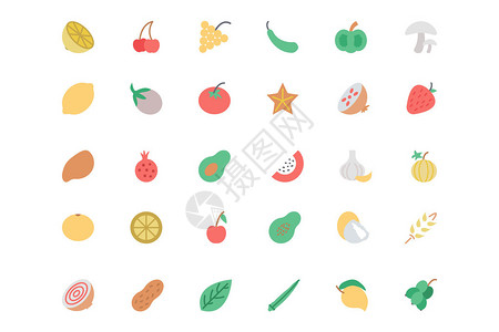 青啤梨一套水果和蔬菜彩色矢量图标插画