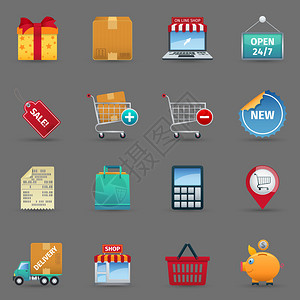 购物现金和在线购买和销售卡通图标设置在灰色背景阴图片