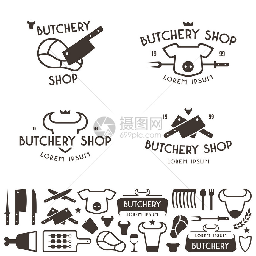 一组标签模板肉店和设计要素的屠宰品商店及设计要素标志在白图片