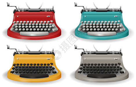 空格键四种不同颜色的老式打字机插画