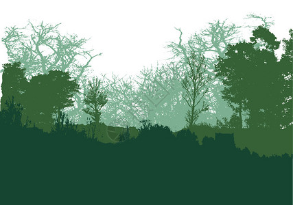 全景绿色森林景观与树木剪影图片