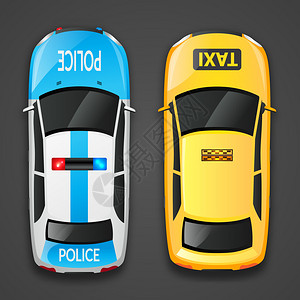 警方汽车和出租车装饰图标在暗背景矢量图片