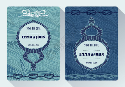 婚博会名片将结节婚卡绑在点和海洋形态青色背景上的航空绳索插画