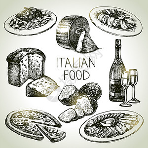 手绘素描意大利食品集矢量图图片