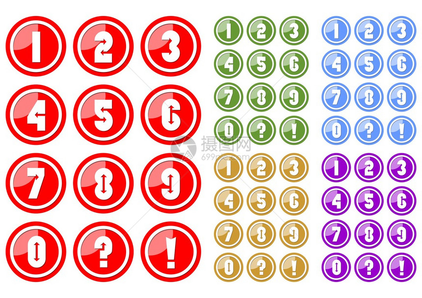 圆形按钮中的白色数字集包括五种颜色变体图片
