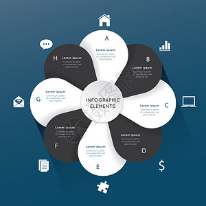 矢量圆形白色和黑色花瓣信息图表模板图片