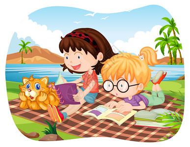 湖边看书的女孩插画图片