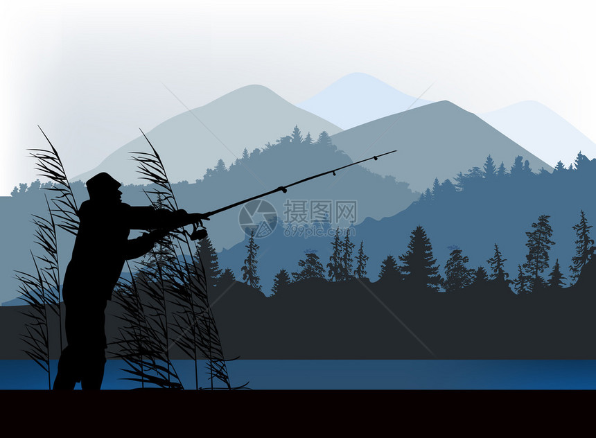 山附近渔夫剪影的插图图片