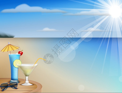 北太平洋海星夏季海滩果汁和太阳镜的插图插画