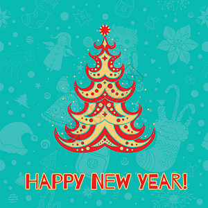在无缝圣诞节背景上装饰圣诞树的矢量插图新年快乐卡片e图片