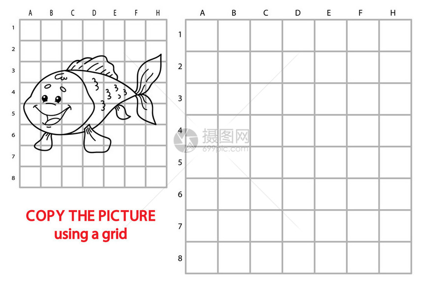 儿童快乐卡通鱼网格复制拼图的插图图片