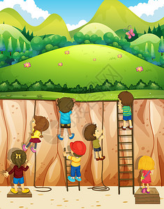 孩子们爬上悬崖插画图片