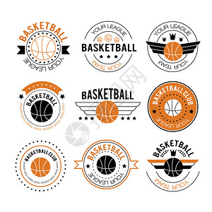 篮球用月桂花环篮球皇冠和星设置复古标志标签和标志或符号线风图片