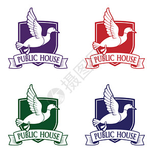 公共建筑飞色野鸭套装与标志公共房屋插画