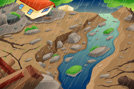 西奥季风雨导致洪水和泥石流的矢量图解插画