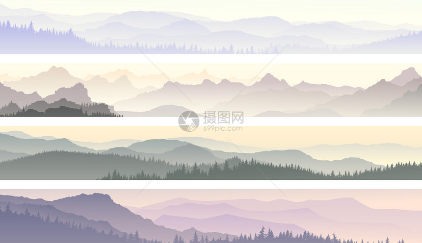 设置晨雾森林山的矢量水平横幅action图片