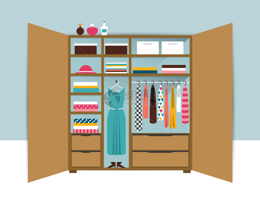打开衣柜有整洁的衣服衬衫毛衣箱子和鞋子的木壁橱家庭内部平图片