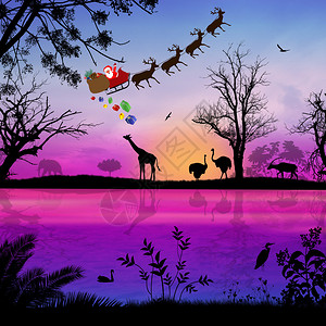 与圣诞老人及其驯鹿雪橇一起在美丽的野生动物日落中展出野图片