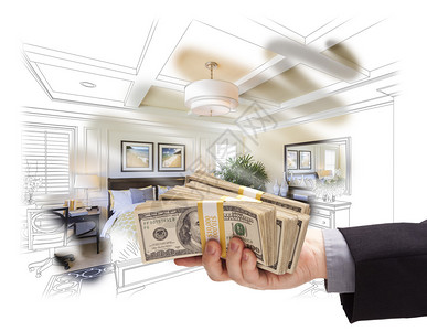 主卧室男人把钱堆积在卧室的画像合影上插画