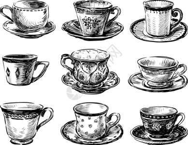 各种手绘茶杯的矢量图像图片