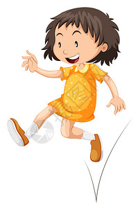 穿黄裙跳跃的小女孩插画图片