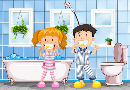 男孩和女孩在浴室插图中刷牙图片