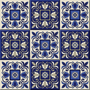 清莱白来自深蓝色和白色摩洛哥葡萄牙瓷砖阿祖莱霍装饰品的美丽无缝模式插画