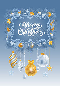圣诞贺卡与冷冻云杉树枝和不同的圣诞装饰品蓝色背景上的刻字圣诞图片