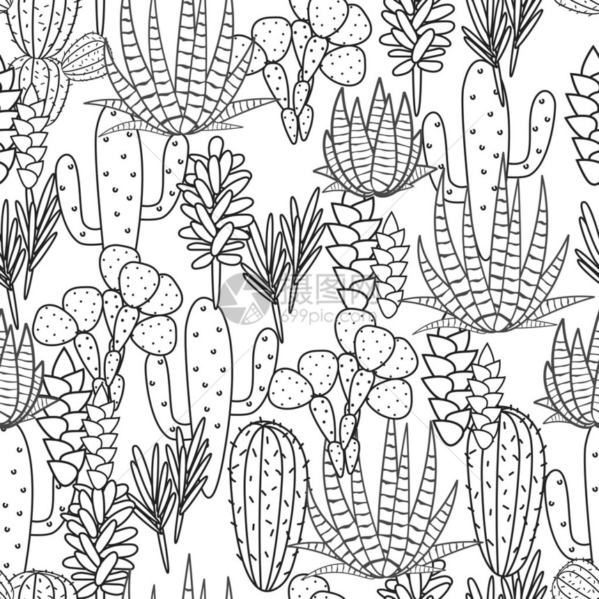 多肉植物仙人掌植物矢量无缝模式植物黑白线沙漠植物织印花用于墙纸窗帘桌布彩页的家庭花图片