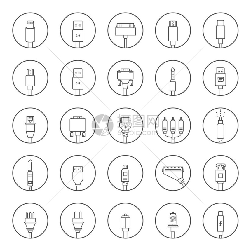 电插头连接器和插孔扁线图标设置集合连接技术连接器电力移动设备连接图片