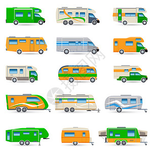 娱乐车辆面包车和大篷车装饰图标设置孤图片