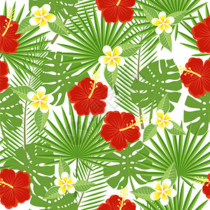 无缝的热带叶子和花朵棕榈龟背竹图片