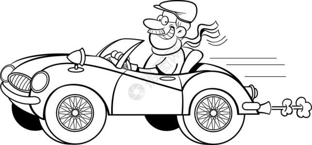 一个人驾驶跑车的黑白插图图片