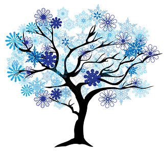 一棵带雪花的冬天树的矢量图图片