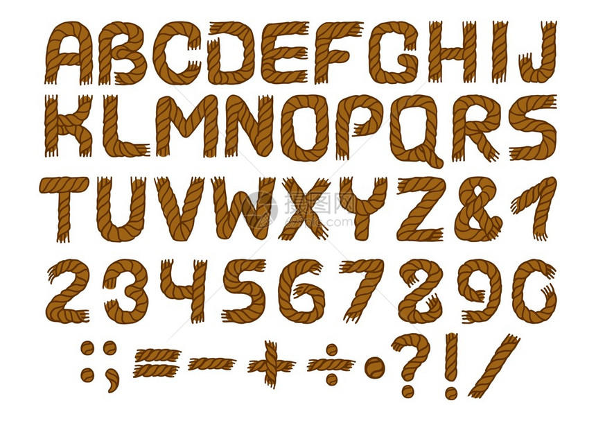 手写矢量集的绳形字母表和数字褐色英文字母图片