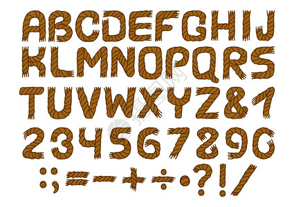 手写矢量集的绳形字母表和数字褐色英文字母图片