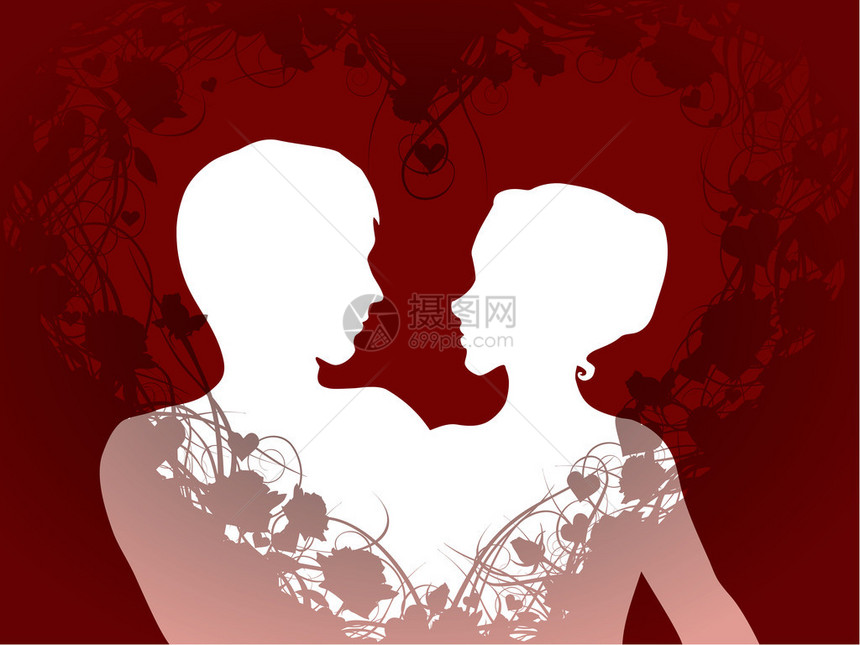 浪漫情侣的白色红插图由玫瑰制成的心框起来图片
