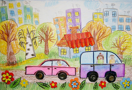 儿童对公共汽车建筑汽车的绘画图片