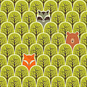 莱孔狐狸和熊动物在森林无缝的形态下图片