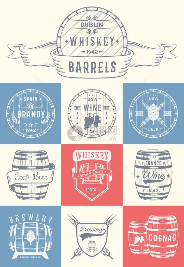一套带有酒精饮料标志和标签的木桶一套老式的标志徽章带有木桶的啤酒屋酒吧酒馆葡萄酒和威士忌市场啤酒厂餐厅图片