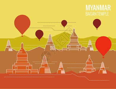 缅甸仰光细线平面设计矢量图插画