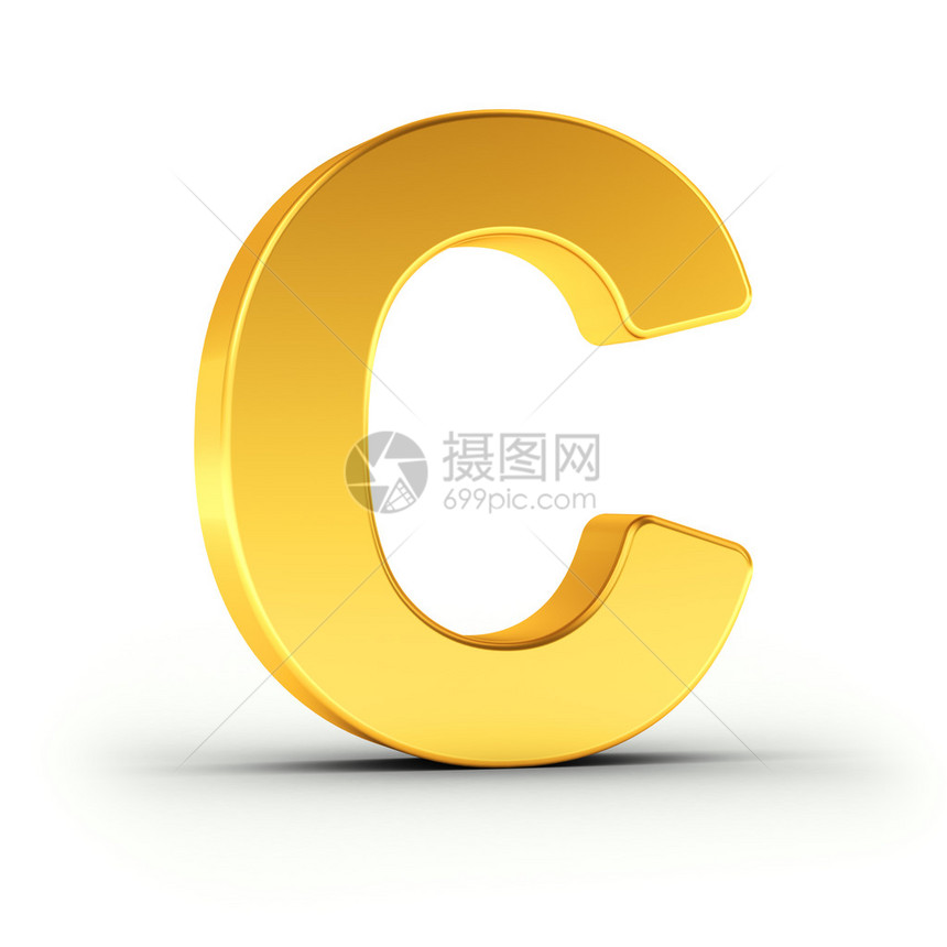 字母C是白色背景上的抛光金色物体图片