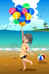 在海滩上拿着气球的可爱女图片
