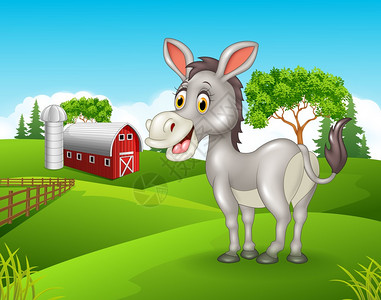 站在农场的微笑驴卡通的矢量插图图片