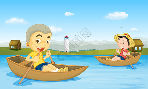 两个男孩在湖中划船插画图片