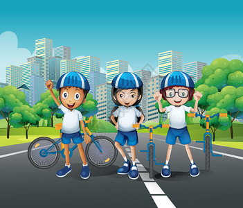 三个孩子骑自行车图片